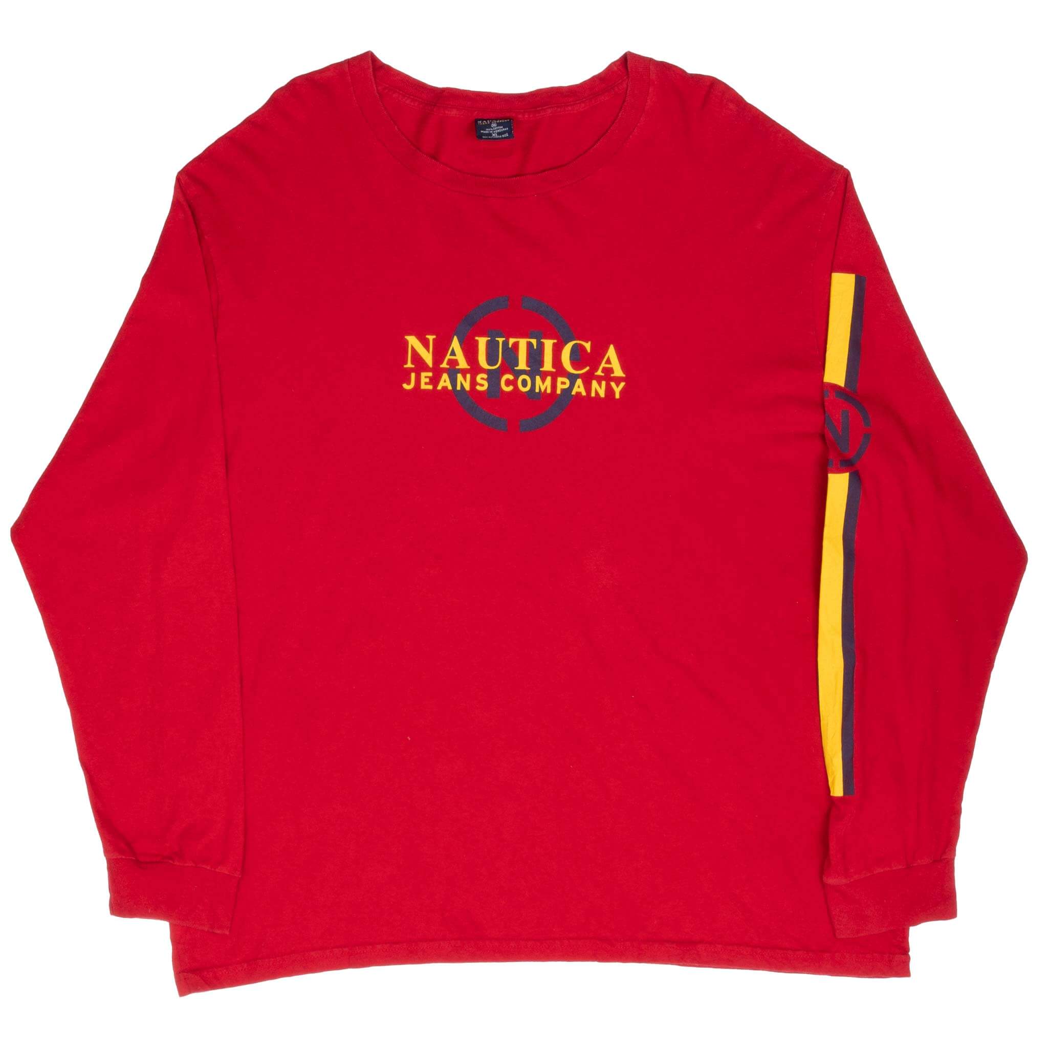 Front view of red Nautica Jeans long-sleeve T-shirt with yellow and navy graphics