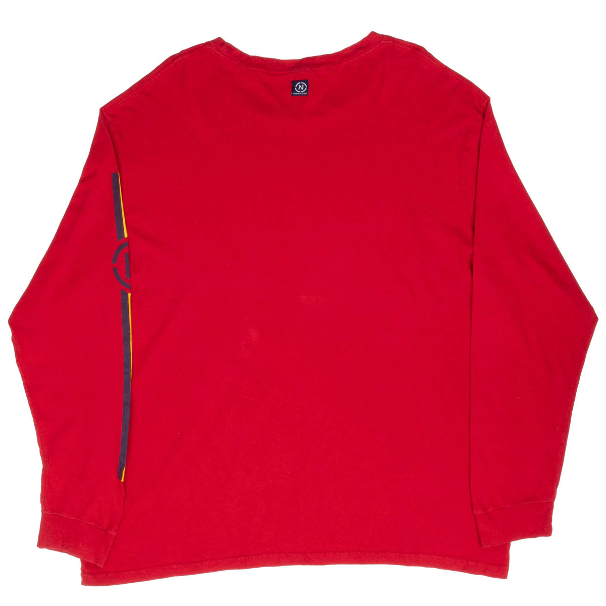 Back of red Nautica Jeans long-sleeve T-shirt with striped graphic visible on sleeve