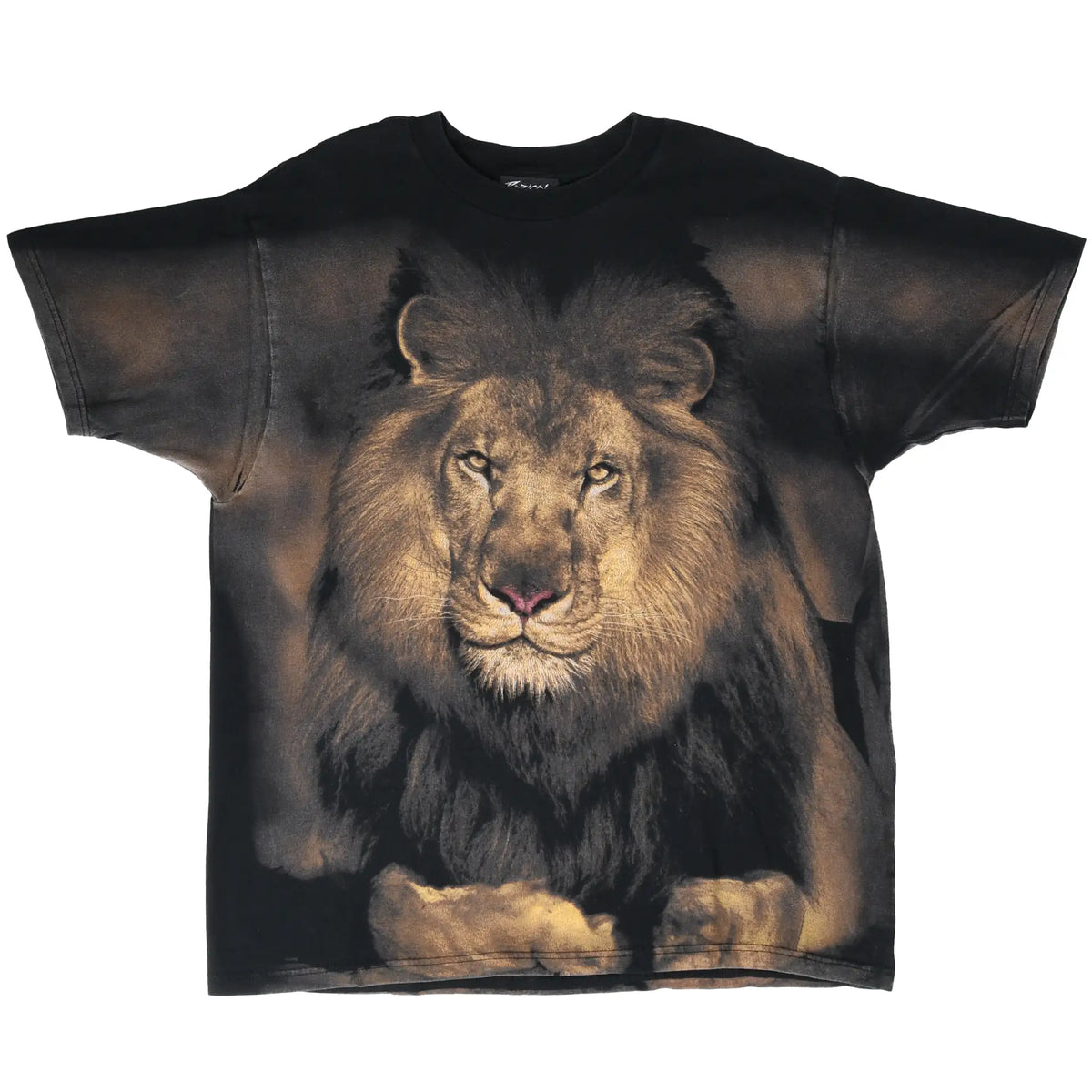 Full front view of black T-shirt with large brown lion portrait print