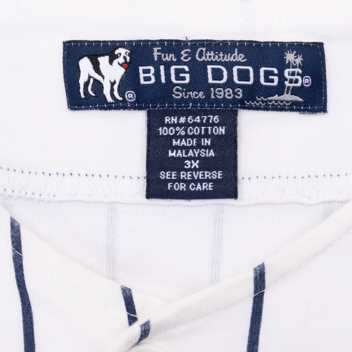 Big Dogs neck label and 3XL care tag inside baseball jersey