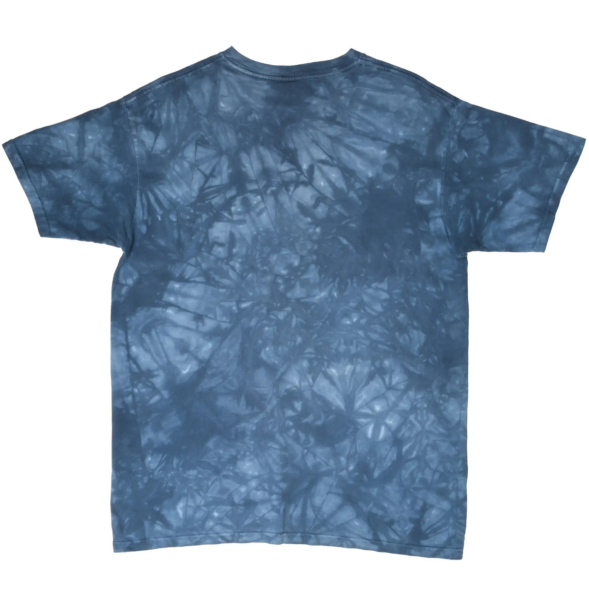 Back of blue tie-dye The Mountain T-shirt with an allover mottled pattern