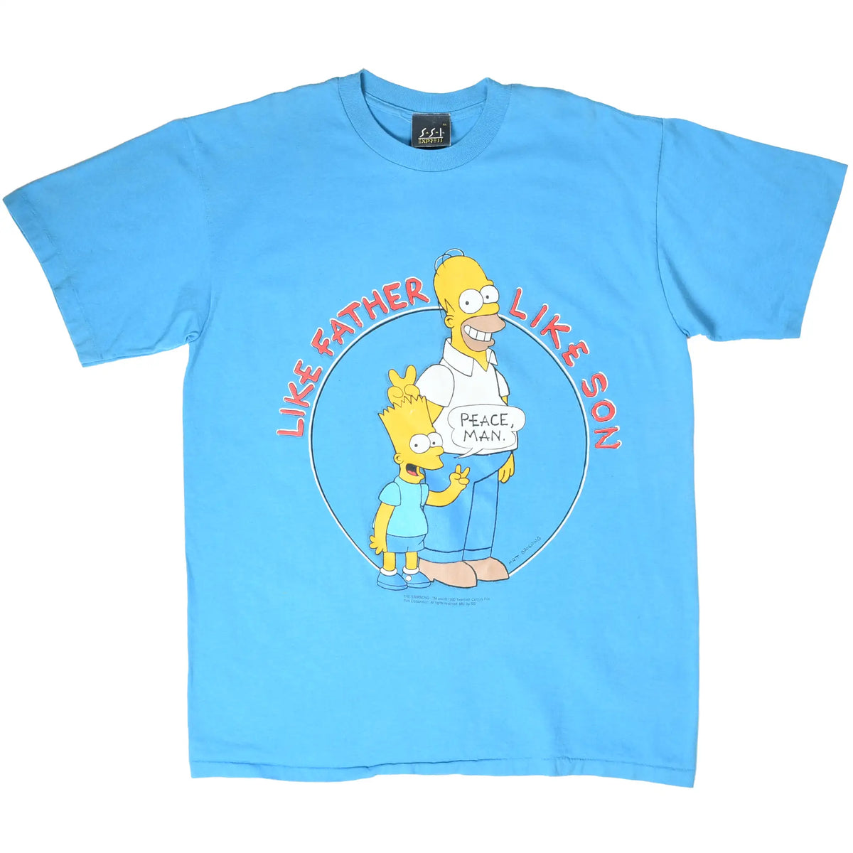 Full front view of blue Simpsons T-shirt featuring Bart and Homer