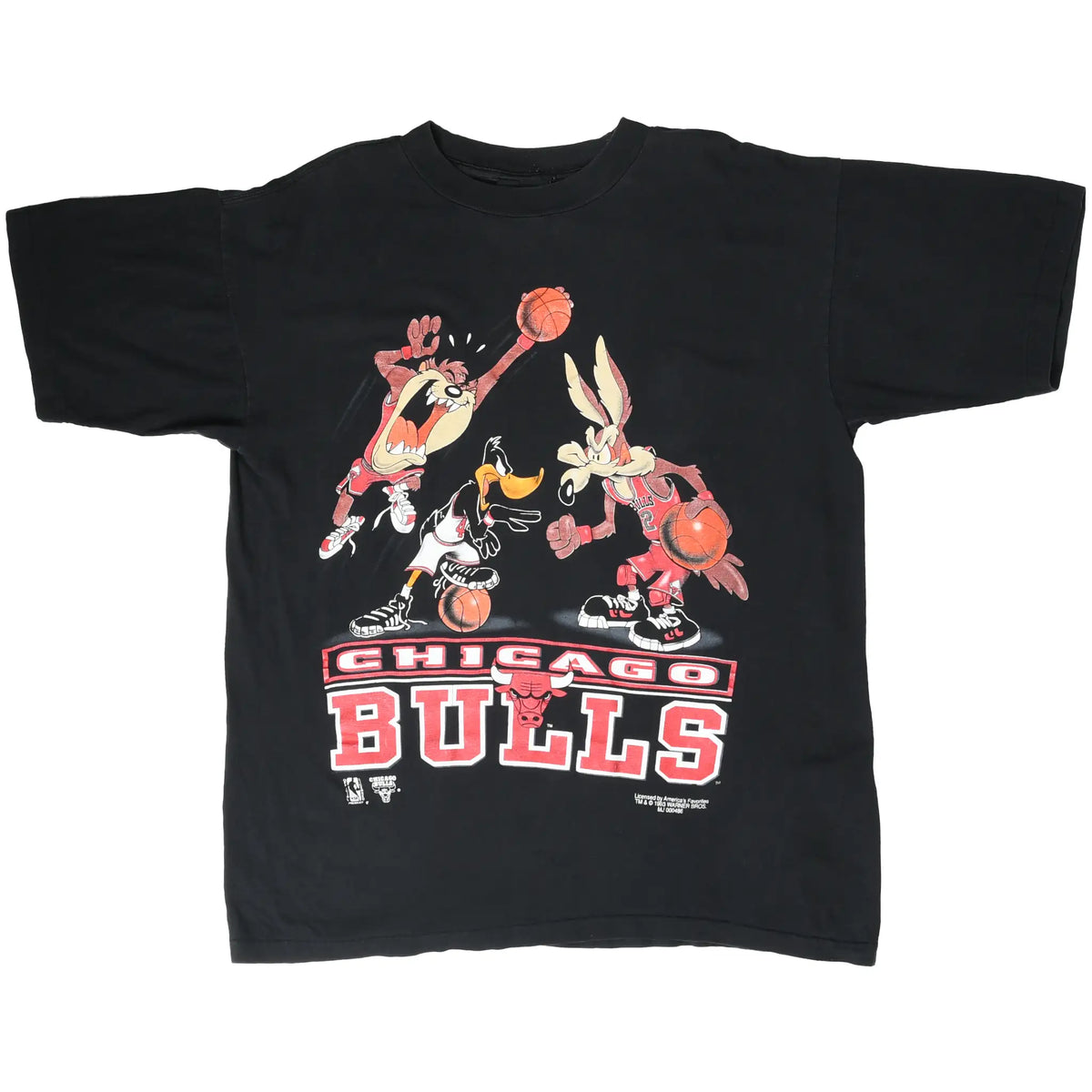 Full front view of black Chicago Bulls Looney Tunes graphic T-shirt