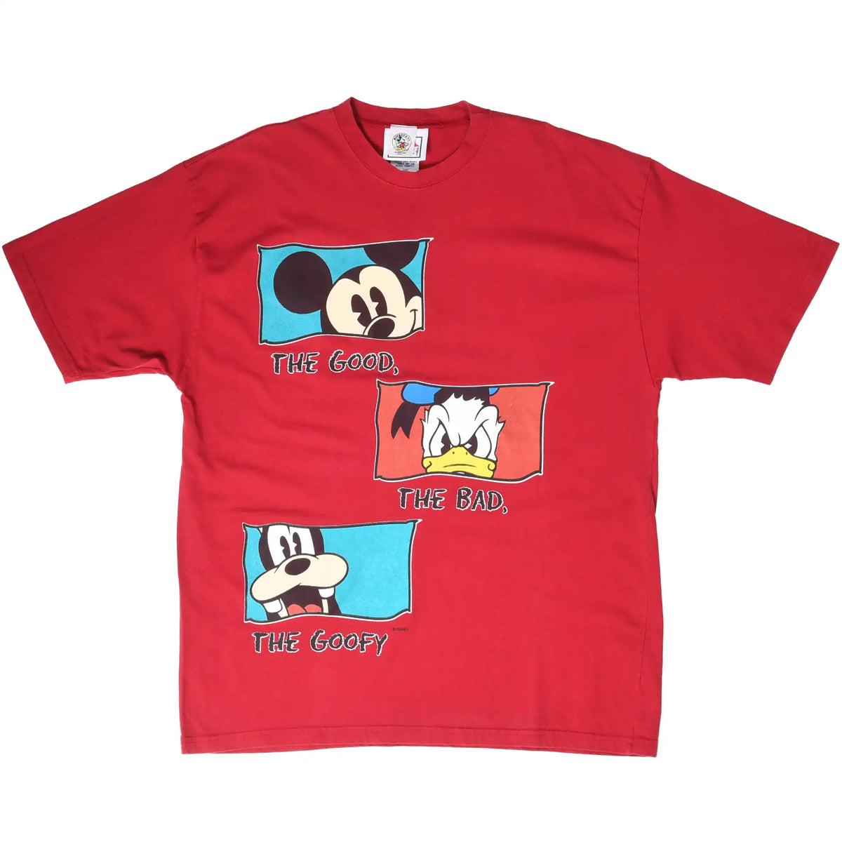 Full front view of red Disney T-shirt featuring Mickey Mouse, Donald Duck and Goofy