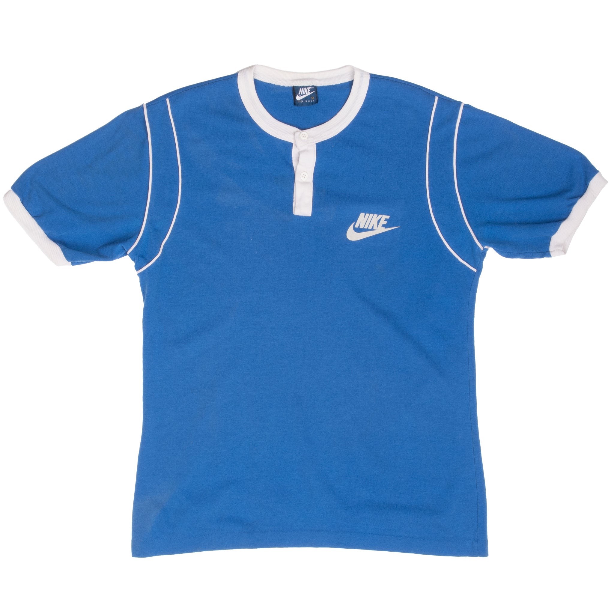 Vintage Nike Classic Swoosh Henley Blue Tee Shirt 1980S Size Medium Made In Usa With Single Stitch Sleeves