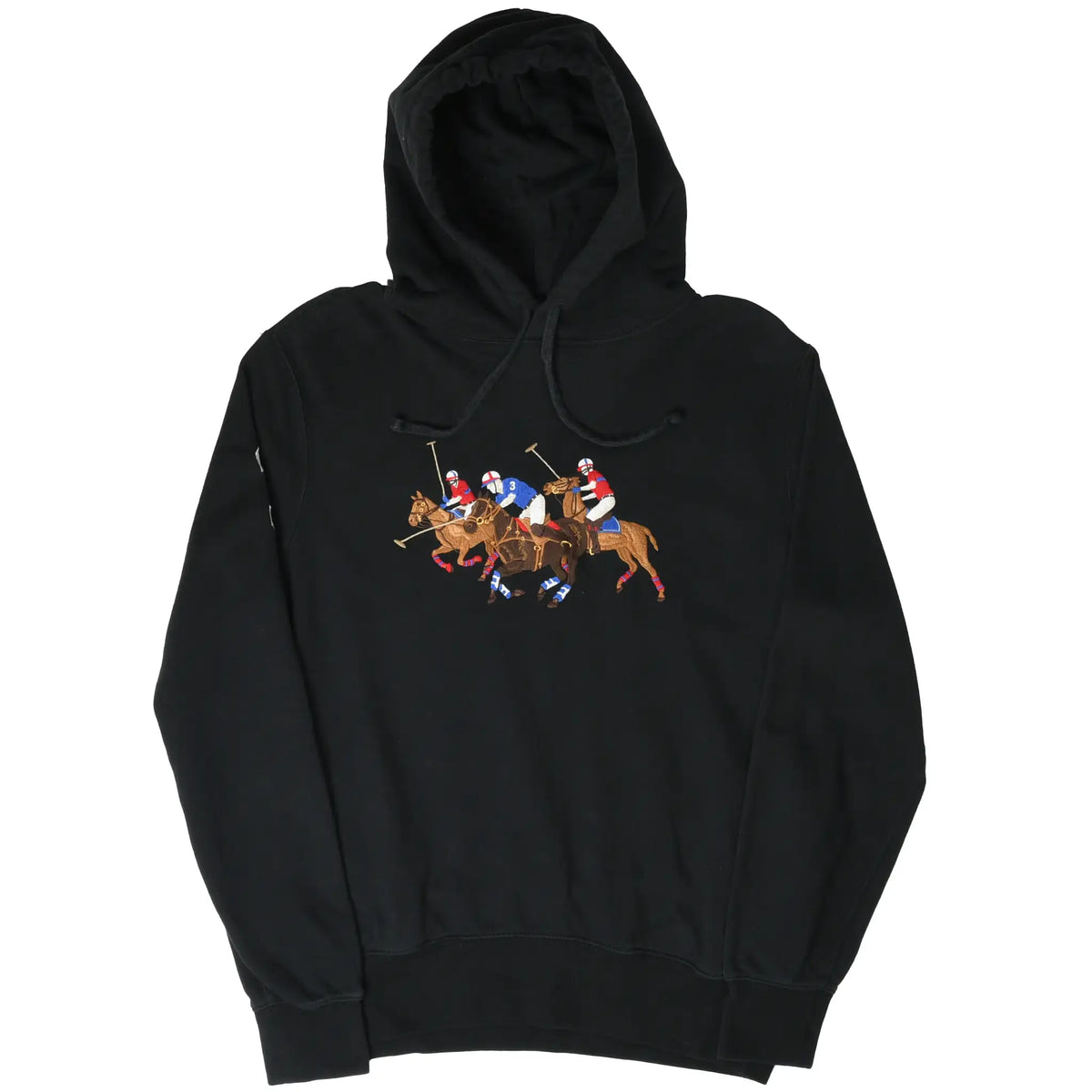 Full front view of black Polo Ralph Lauren hoodie with multicolor polo match embroidery