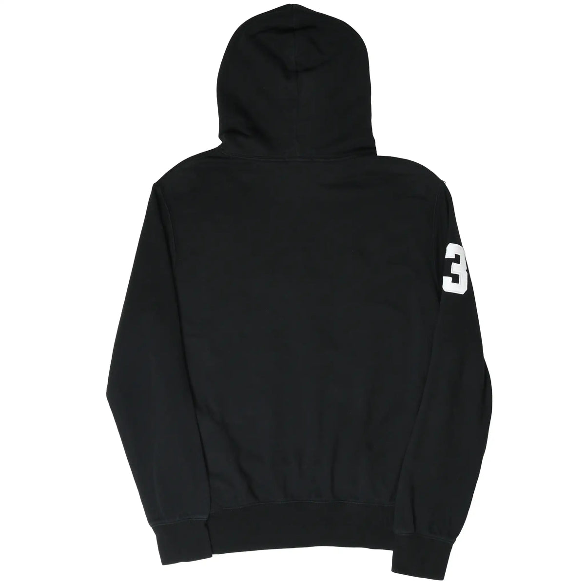 Back of black Polo Ralph Lauren hoodie with white number 3 sleeve patch
