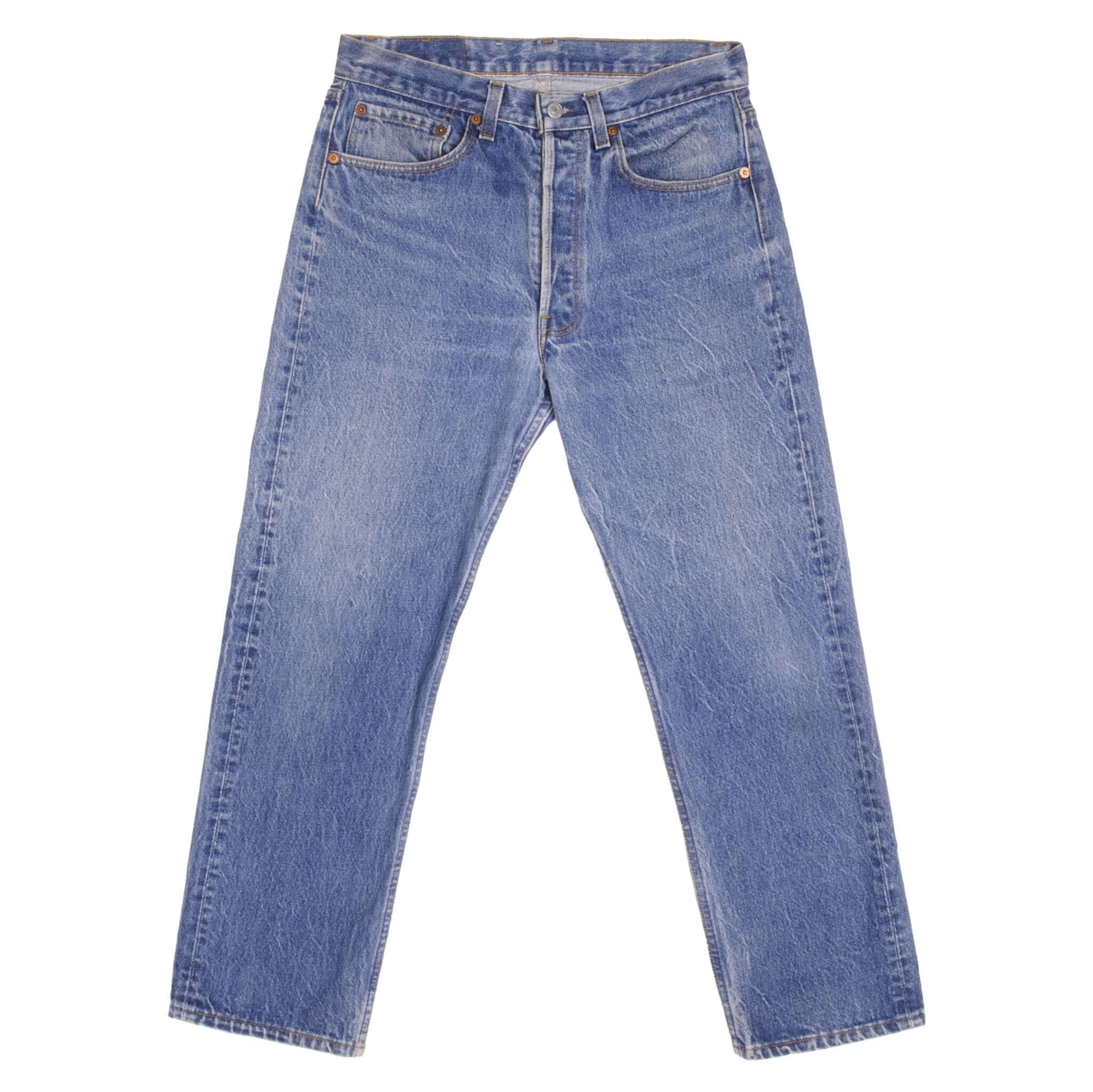 Beautiful Indigo Levis 501 Jeans 1980s Made in USA with Medium Wash With Light Whiskers Size on tag 32X30 Actual Size 30X28 Back Button #552