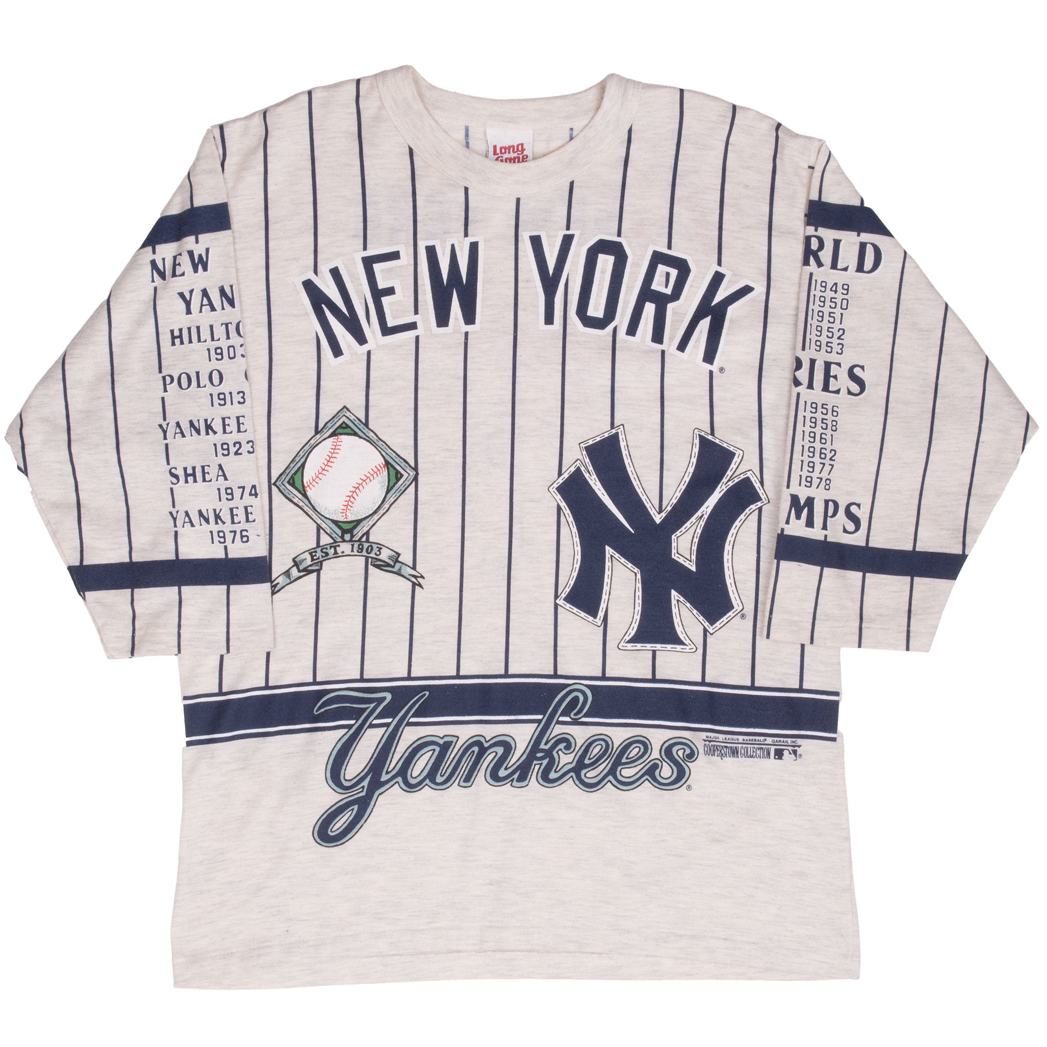 Vintage Mlb New York Yankees All Over Print Tee Shirt 1980S Size Large Made In Usa With Single Stitch Sleeves