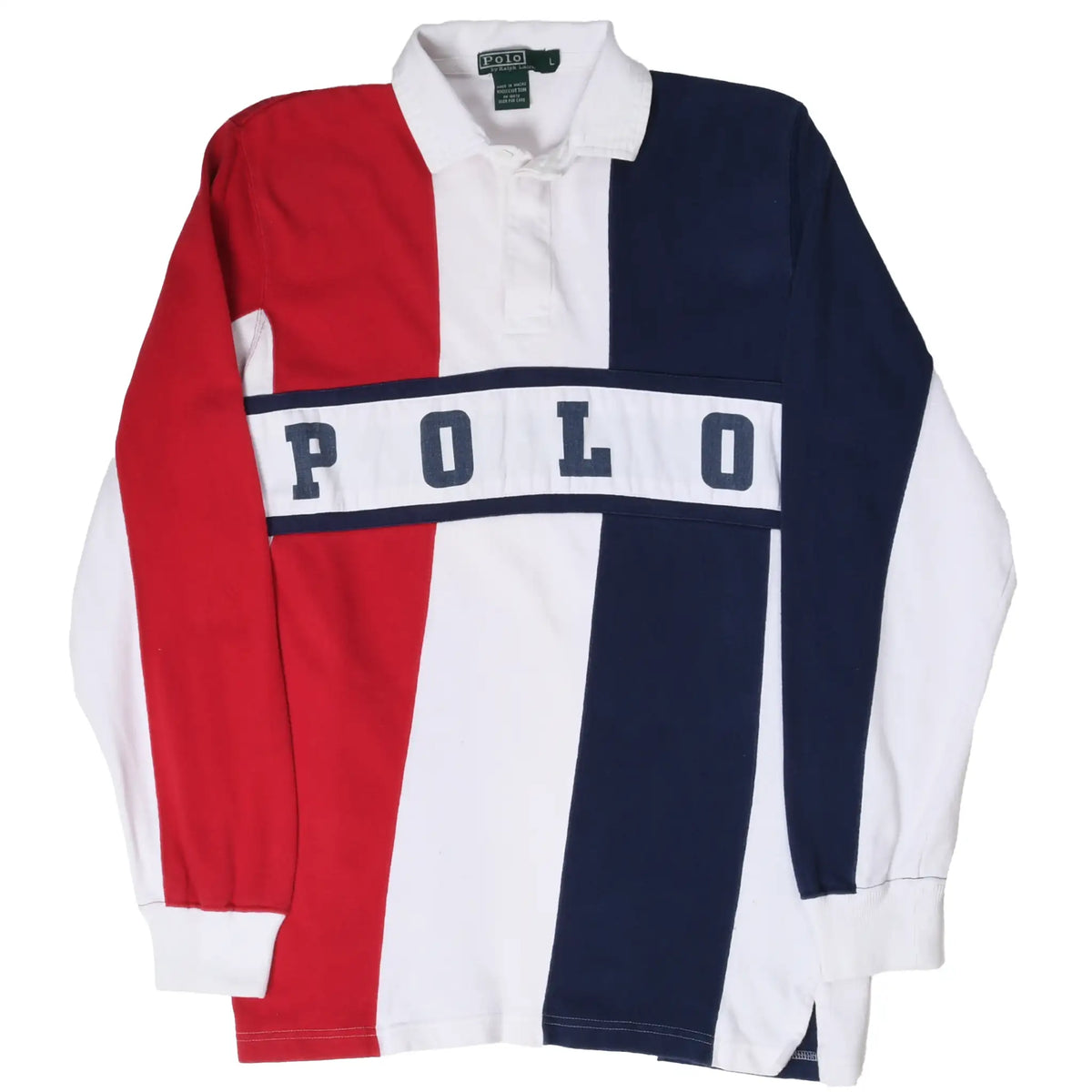 Front of long-sleeve Polo rugby shirt with red, white and navy color blocking and white collar