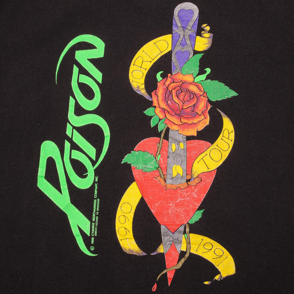 Close-up of back graphic with Poison logo, rose, dagger, heart, and World Tour ribbon