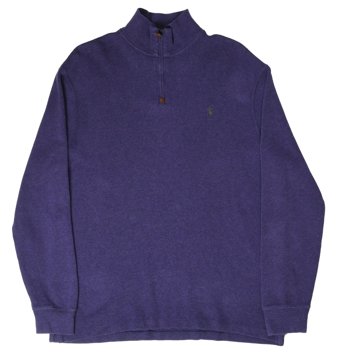 Full front view of purple Polo Ralph Lauren quarter-zip sweater with long sleeves and pony logo