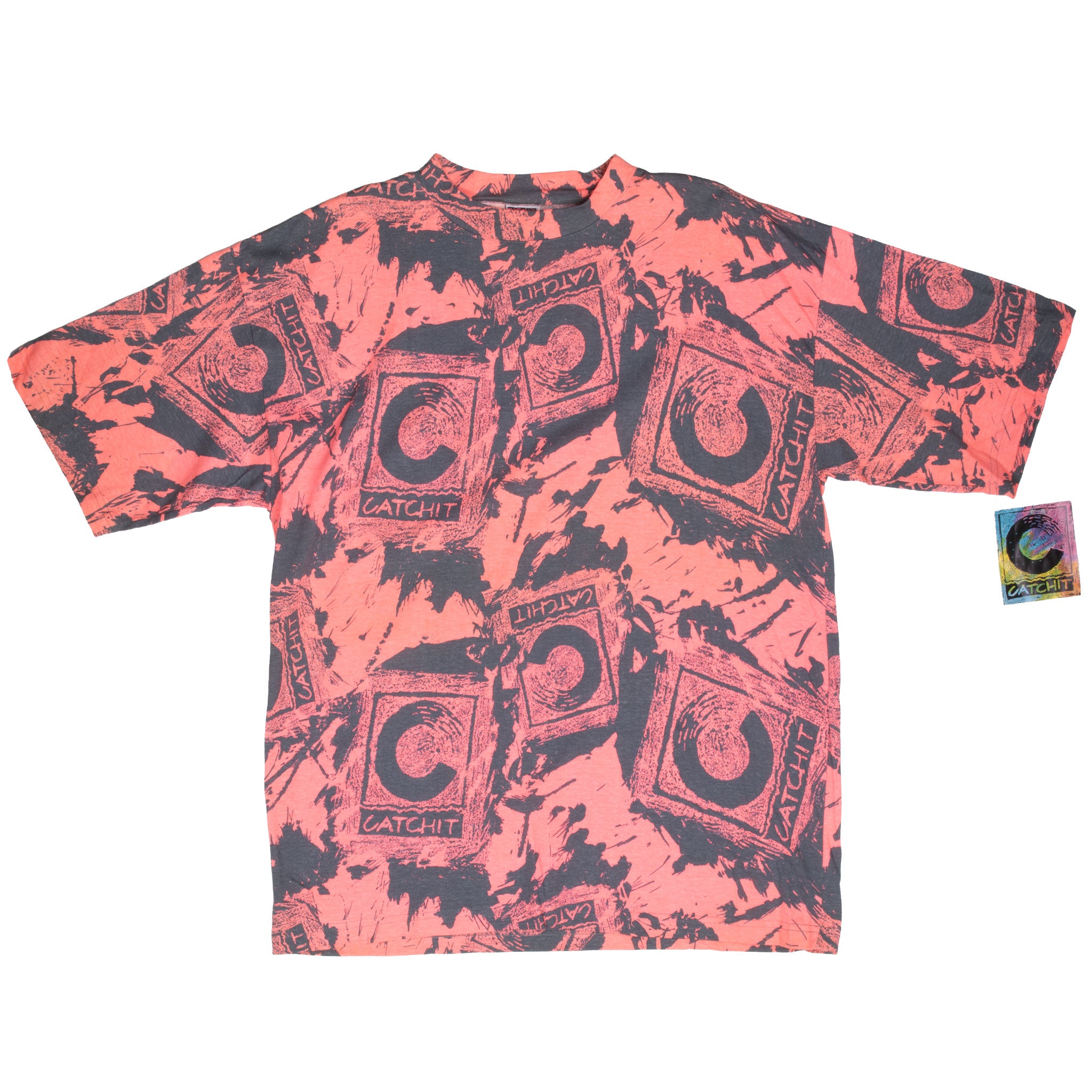 Vintage Catchit Surfing All Over Print Pink Tee Shirt 1990S Size Large Made In Usa Deadstock