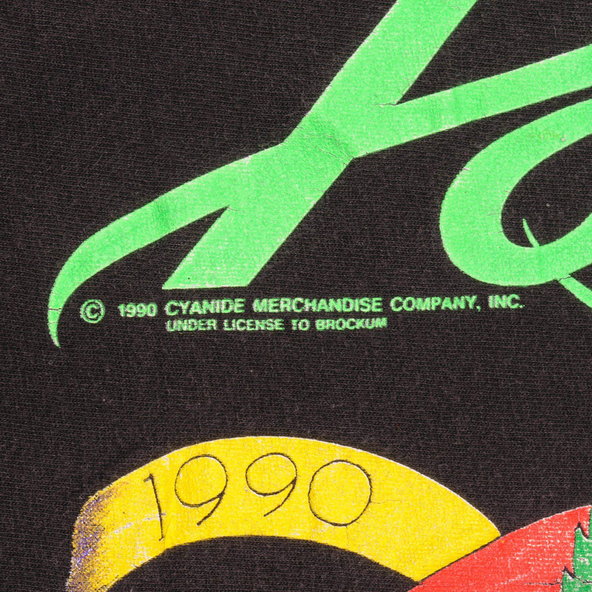 Close-up of 1990 Cyanide Merchandise Company and Brockum licensing print on back graphic