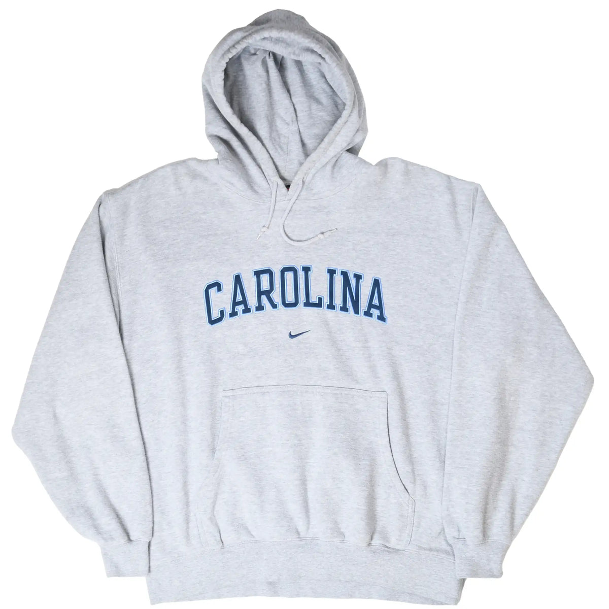 Front view of grey Nike Carolina hoodie with blue chest lettering and Swoosh