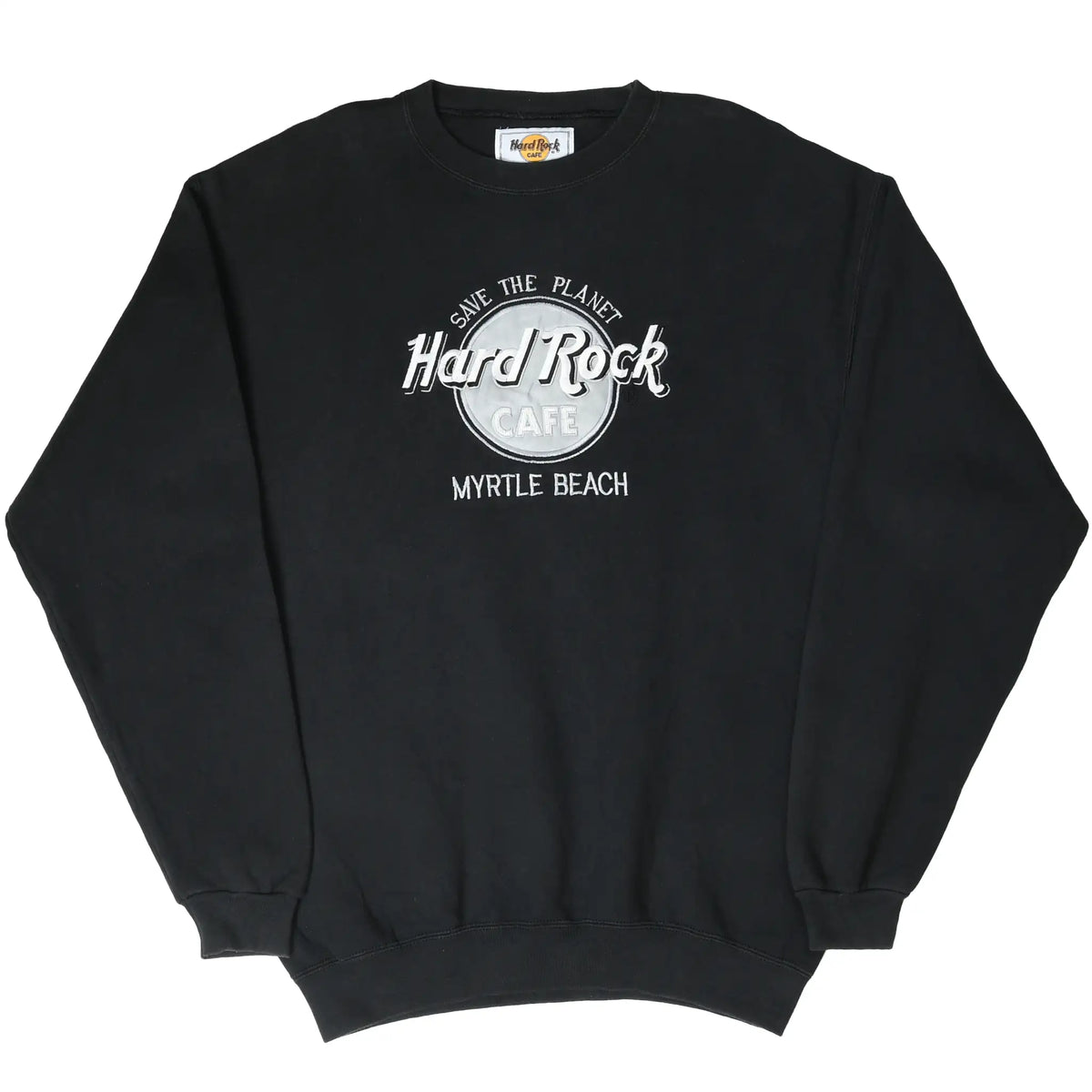 Full front view of black Hard Rock Cafe Myrtle Beach sweatshirt with white chest graphic
