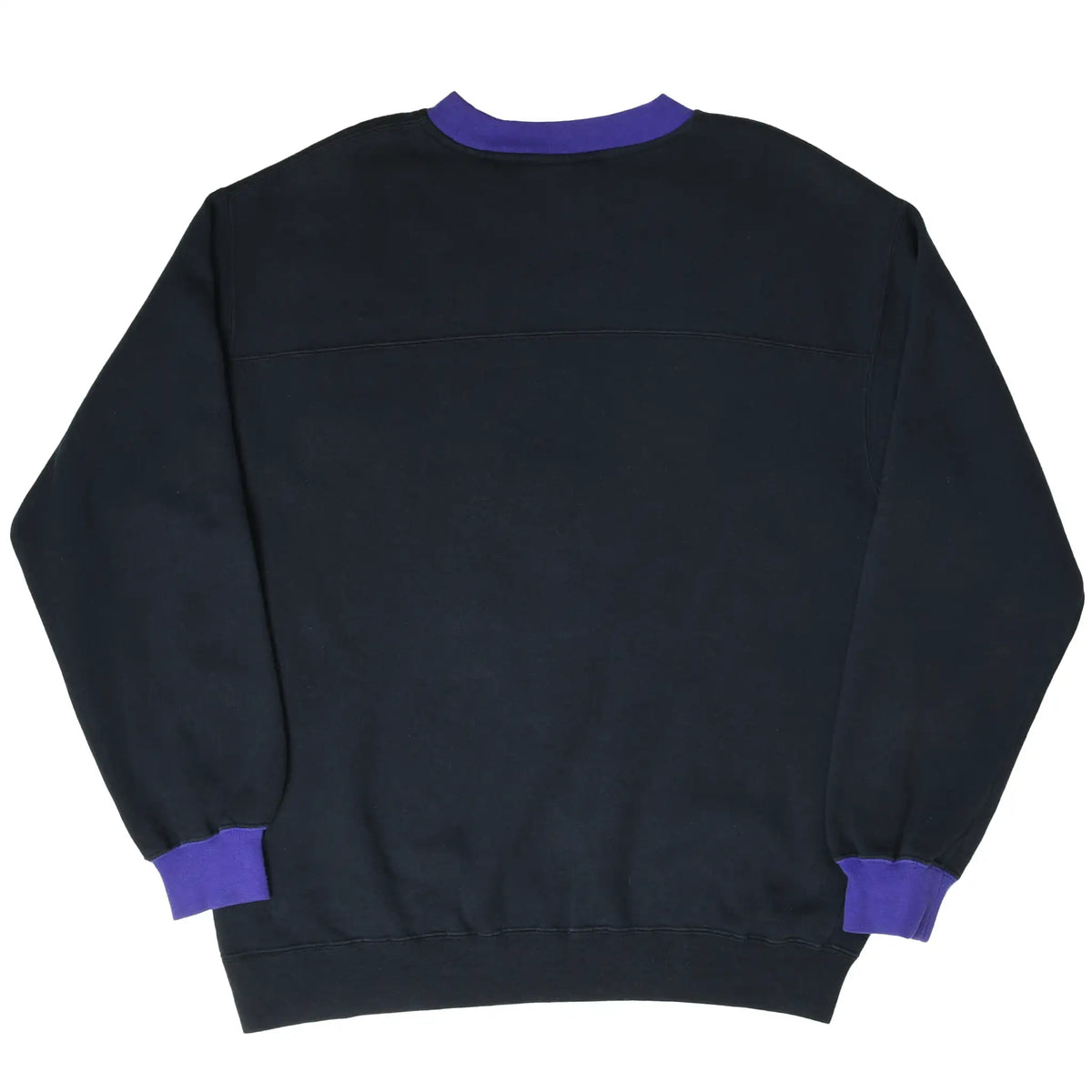 Back of black Sacramento Kings sweatshirt with purple collar and cuffs