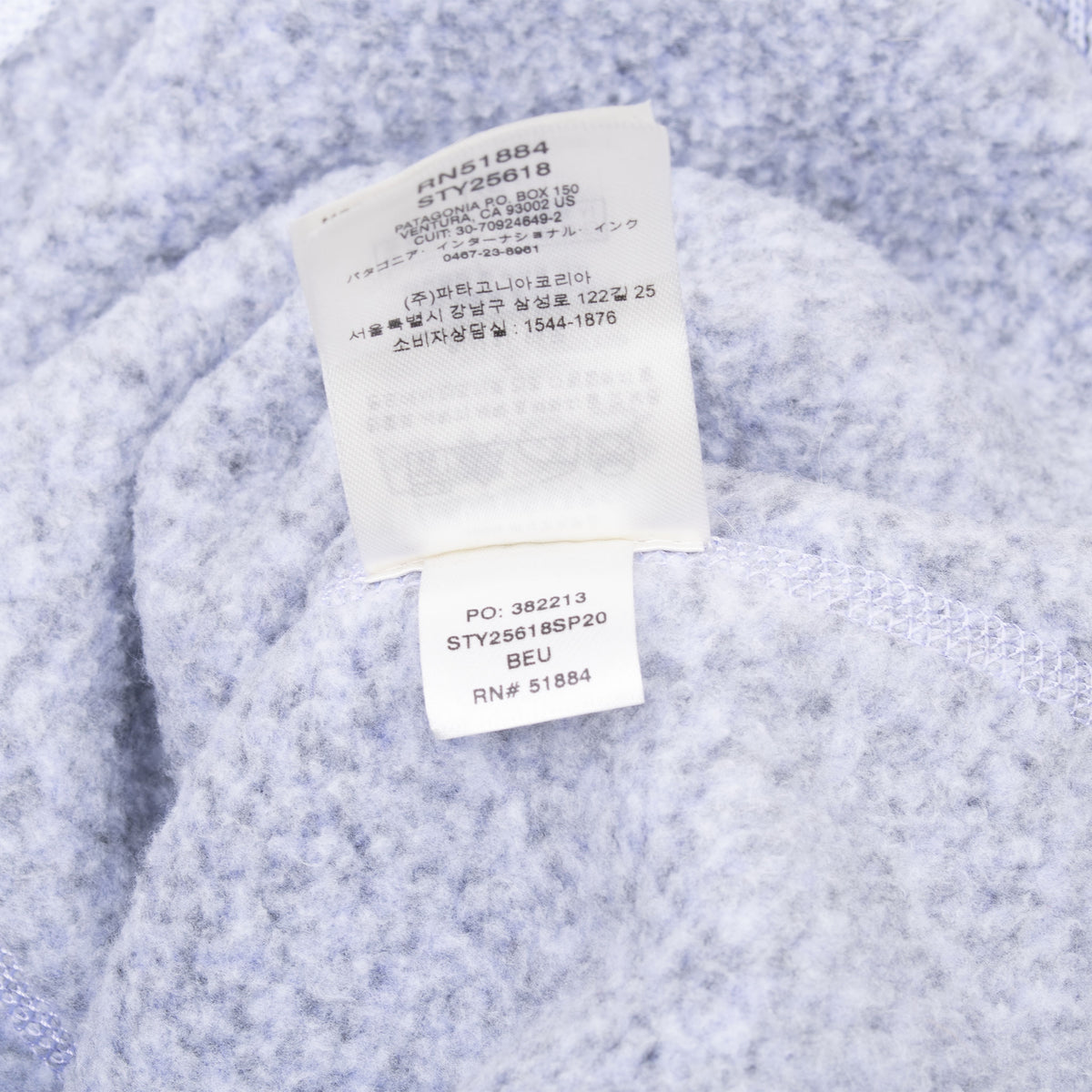 Close-up of interior care and style tags on Patagonia Better Sweater fleece