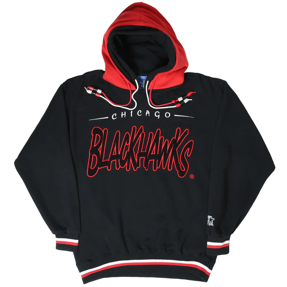Front view of black Chicago Blackhawks Starter hoodie with red hood and striped cuffs