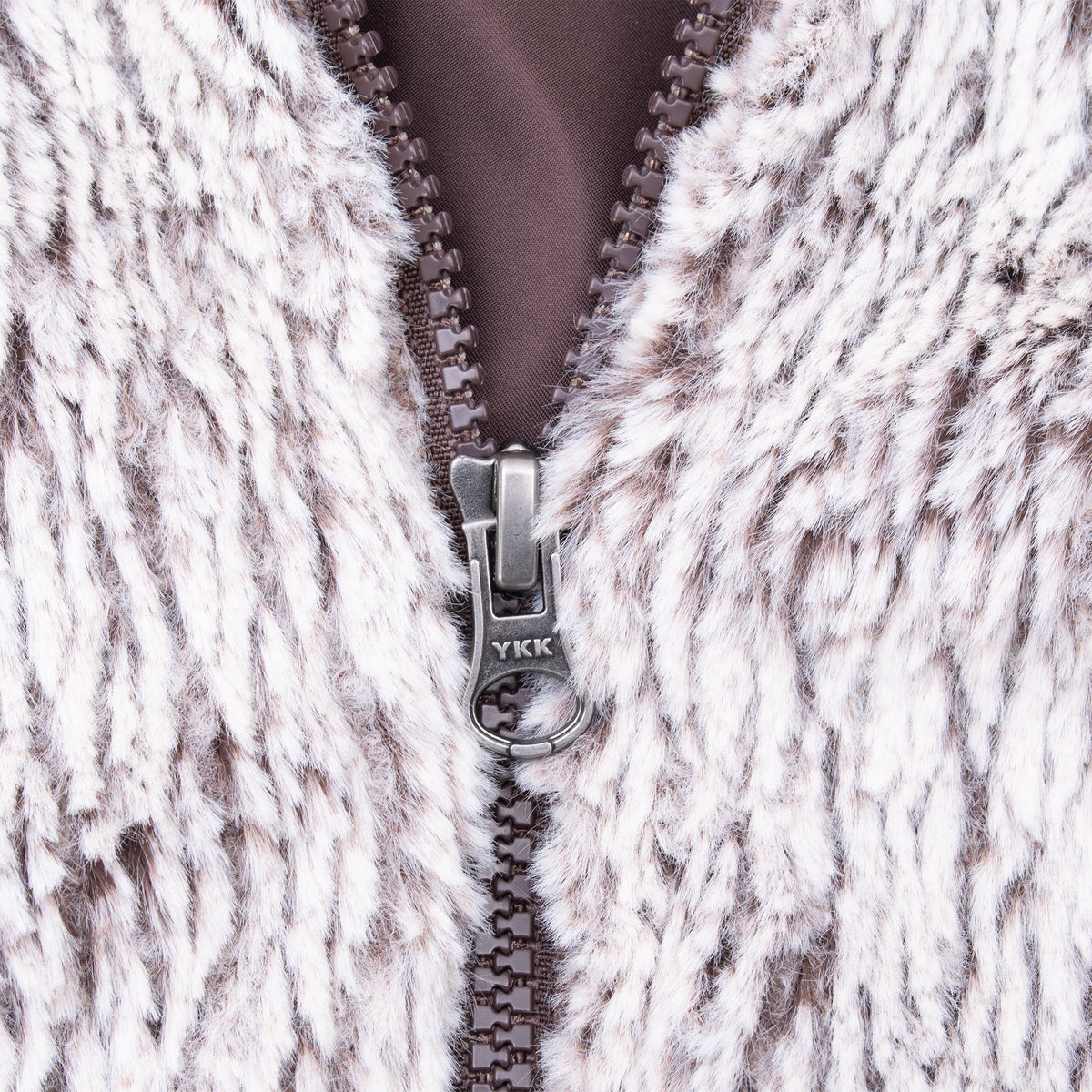Close-up of YKK front zipper and light gray high-pile fleece texture