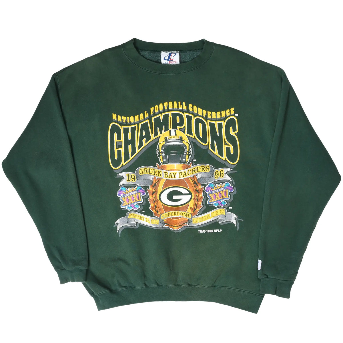 Full front view of green Packers crewneck sweatshirt with NFC Champions graphic