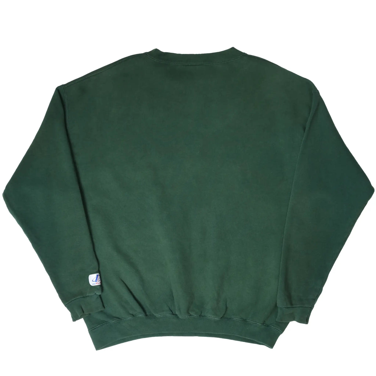 Back of plain dark green crewneck sweatshirt with ribbed cuffs and waistband
