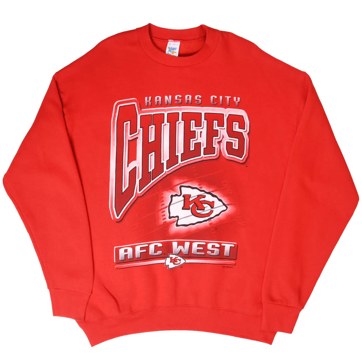 Full front view of red Kansas City Chiefs crewneck sweatshirt with AFC West graphic