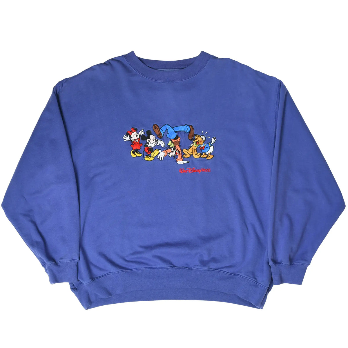 Full front of purple Disney sweatshirt with small Mickey Mouse and friends embroidery