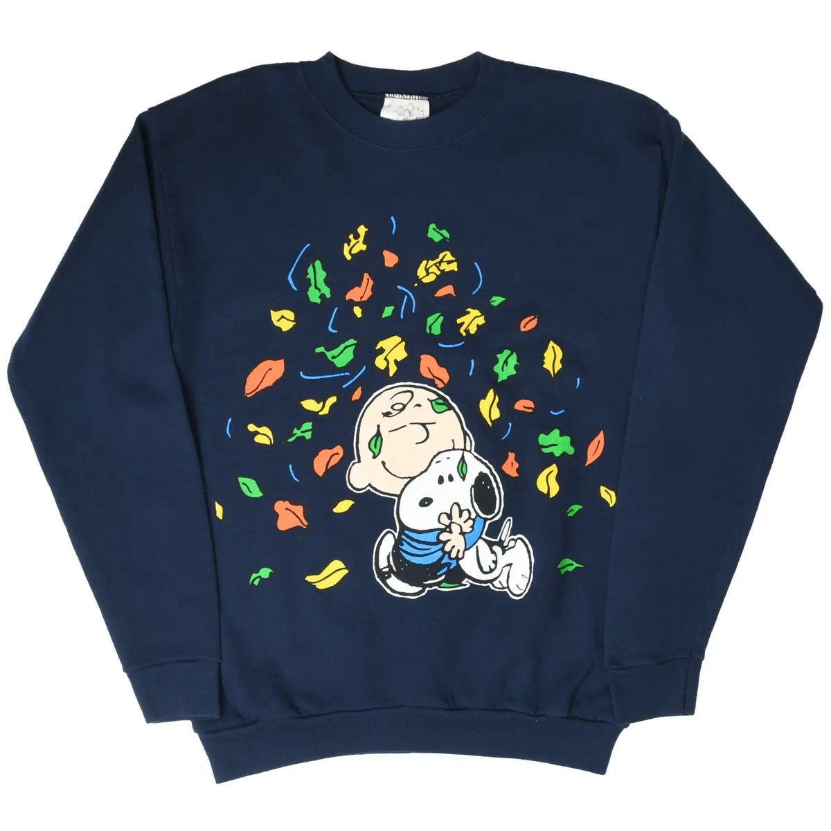 Full front view of navy Peanuts sweatshirt with Snoopy, Charlie Brown, and colorful leaves