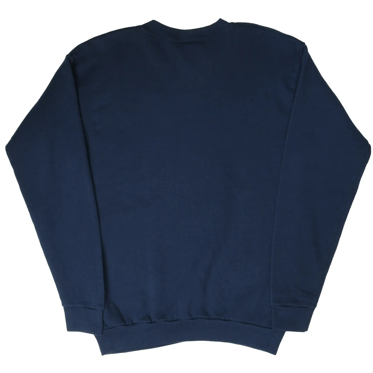 Plain back of navy crewneck sweatshirt with ribbed cuffs and hem