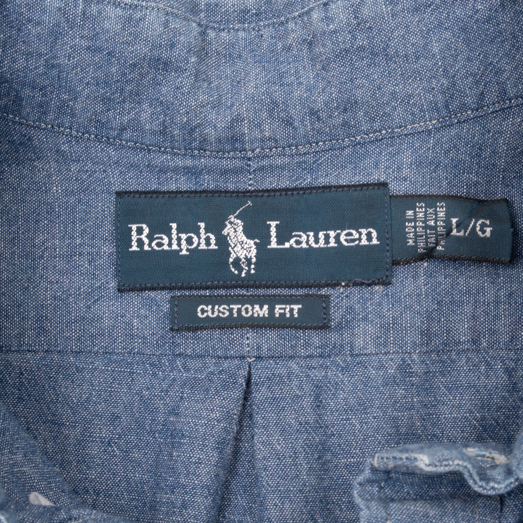 Ralph Lauren Custom Fit neck label and large size tag inside blue chambray shirt
