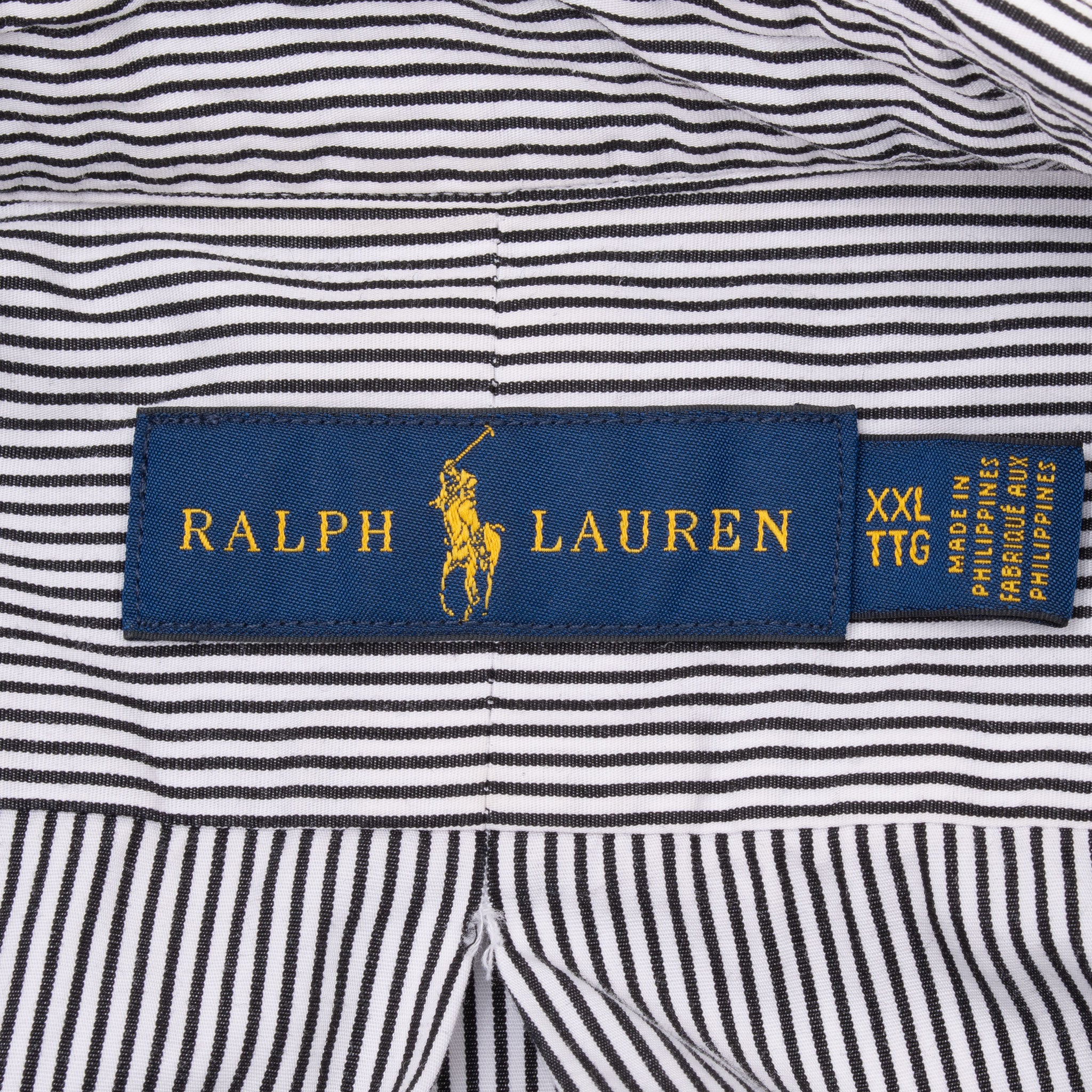 Ralph Lauren neck label and XXL size tag inside black and white striped shirt