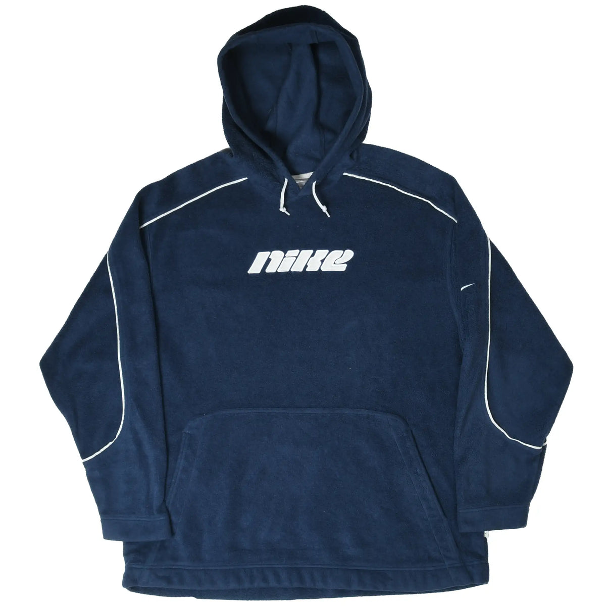 Front of navy Nike fleece hoodie with white spellout logo, piping, and kangaroo pocket