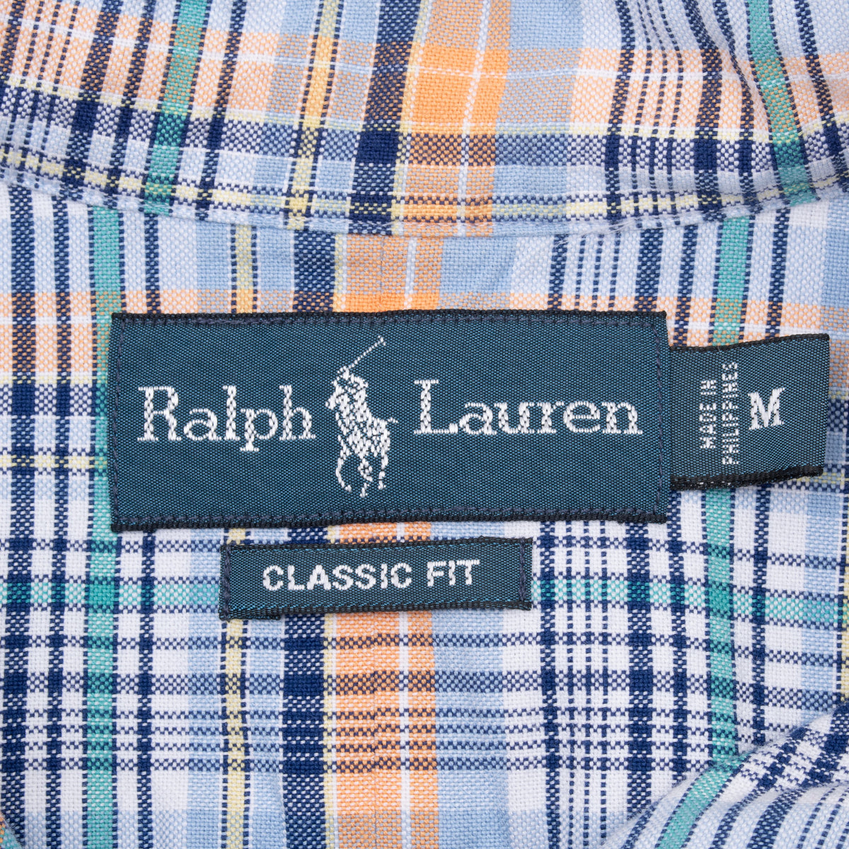 Ralph Lauren Classic Fit neck label with size medium tag inside plaid shirt