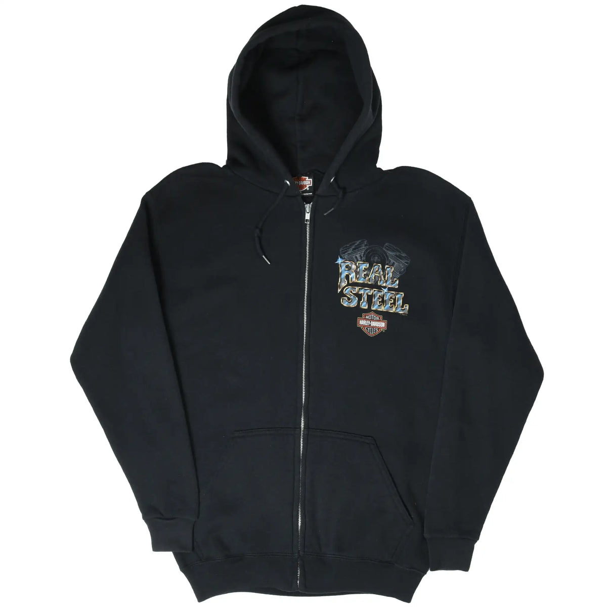 Full front view of black Harley-Davidson zip hoodie with Real Steel graphic on left chest
