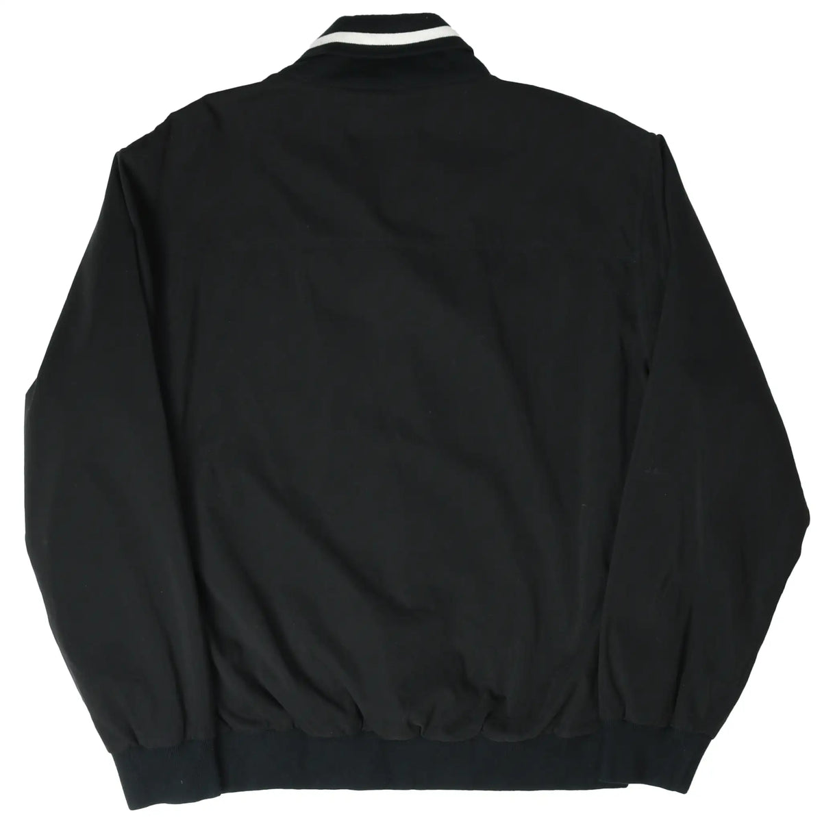 Back of black Polo Golf Ralph Lauren pullover jacket with black-and-white striped collar