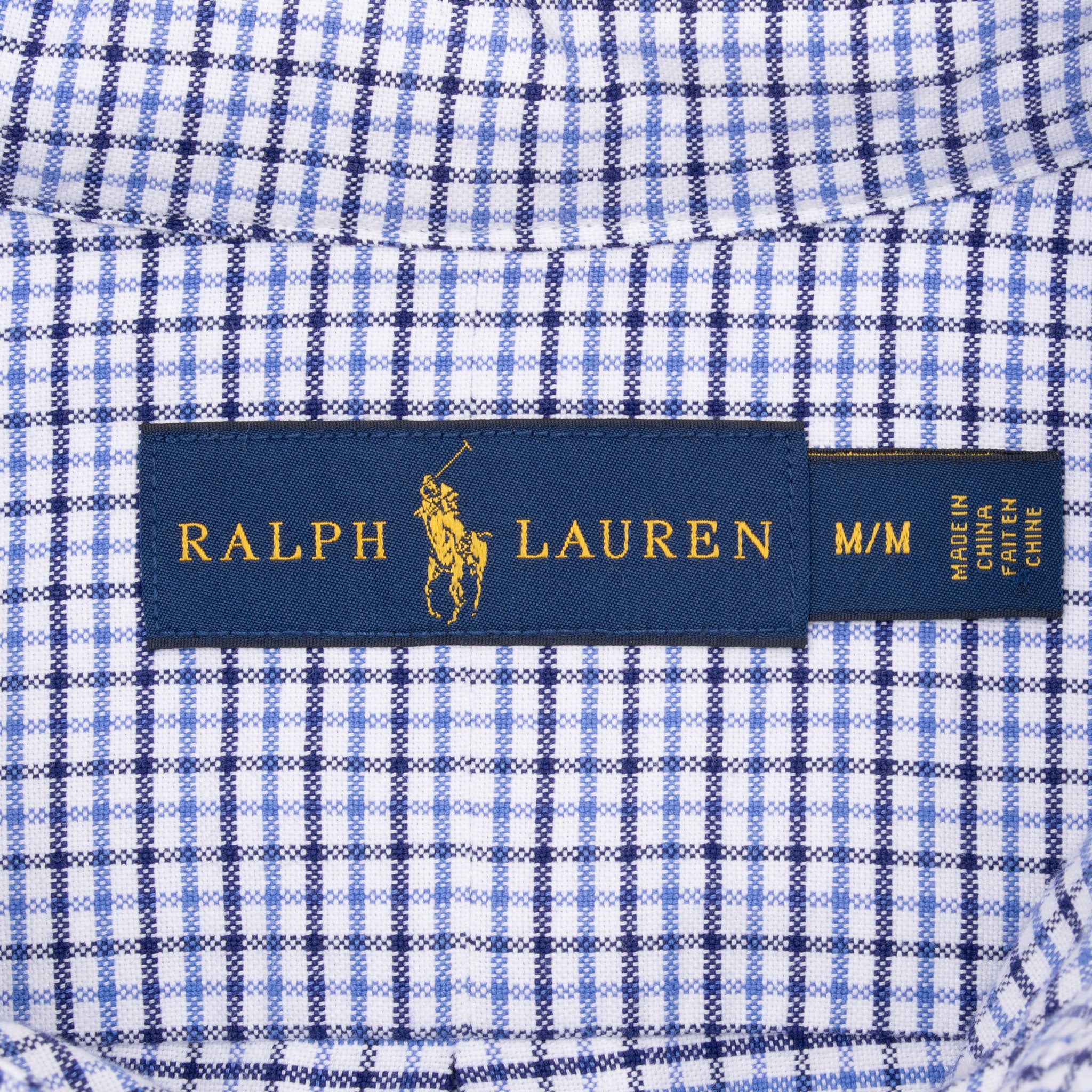 Ralph Lauren M/M neck label on blue and white plaid shirt