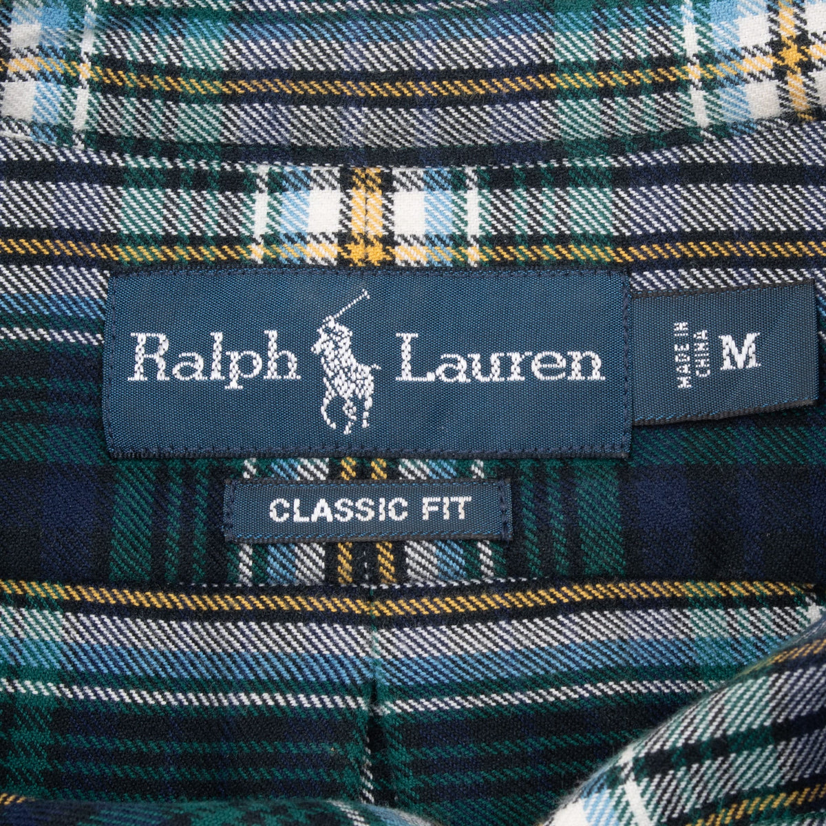 Ralph Lauren Classic Fit neck label and medium size tag inside green plaid shirt