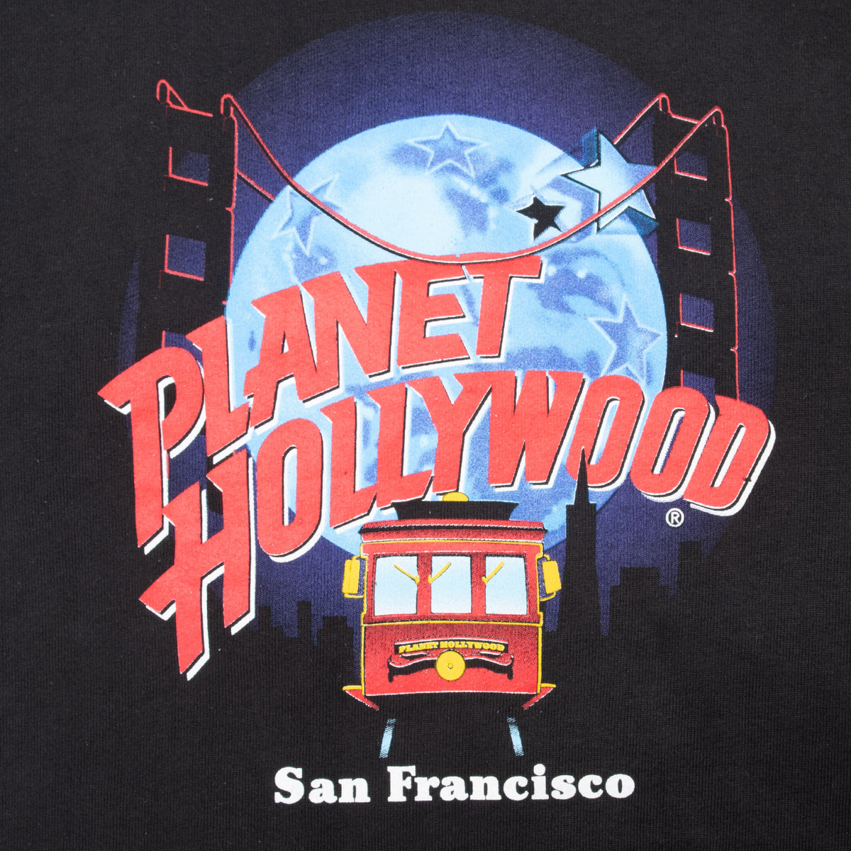 Close-up of Planet Hollywood San Francisco globe, stars, and cable car chest graphic