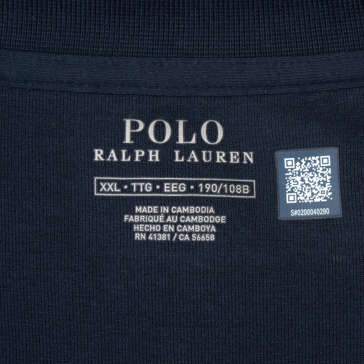 Polo Ralph Lauren printed neck label showing size XXL and QR code