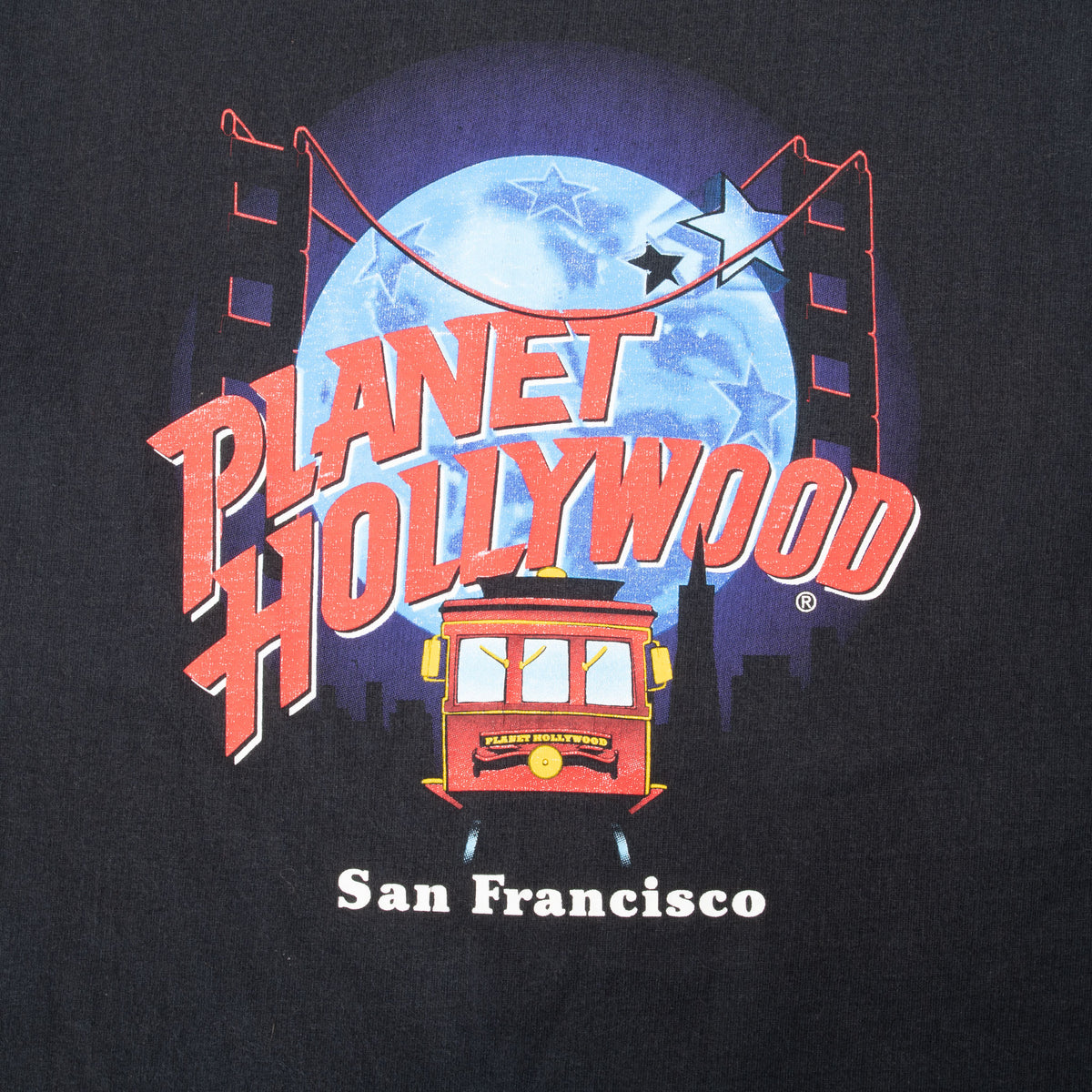 Close-up of Planet Hollywood San Francisco globe and cable car front graphic