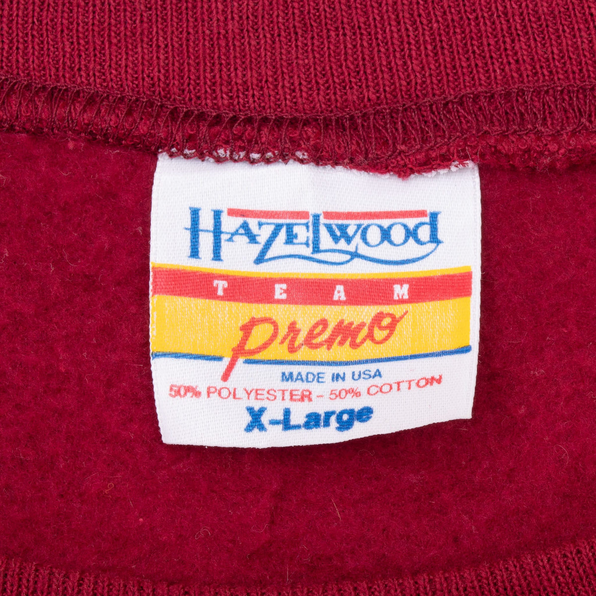 Hazelwood Team Premo neck tag marked X-Large, made in USA, 50% polyester and 50% cotton