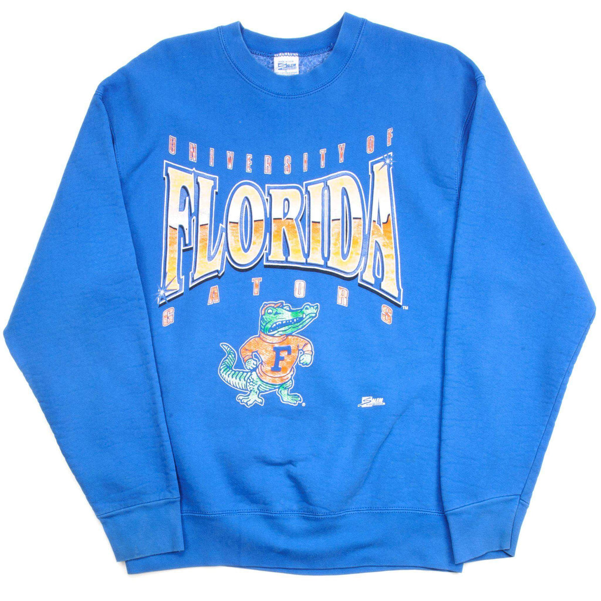 Full front view of blue Florida Gators sweatshirt with orange, white and blue graphic