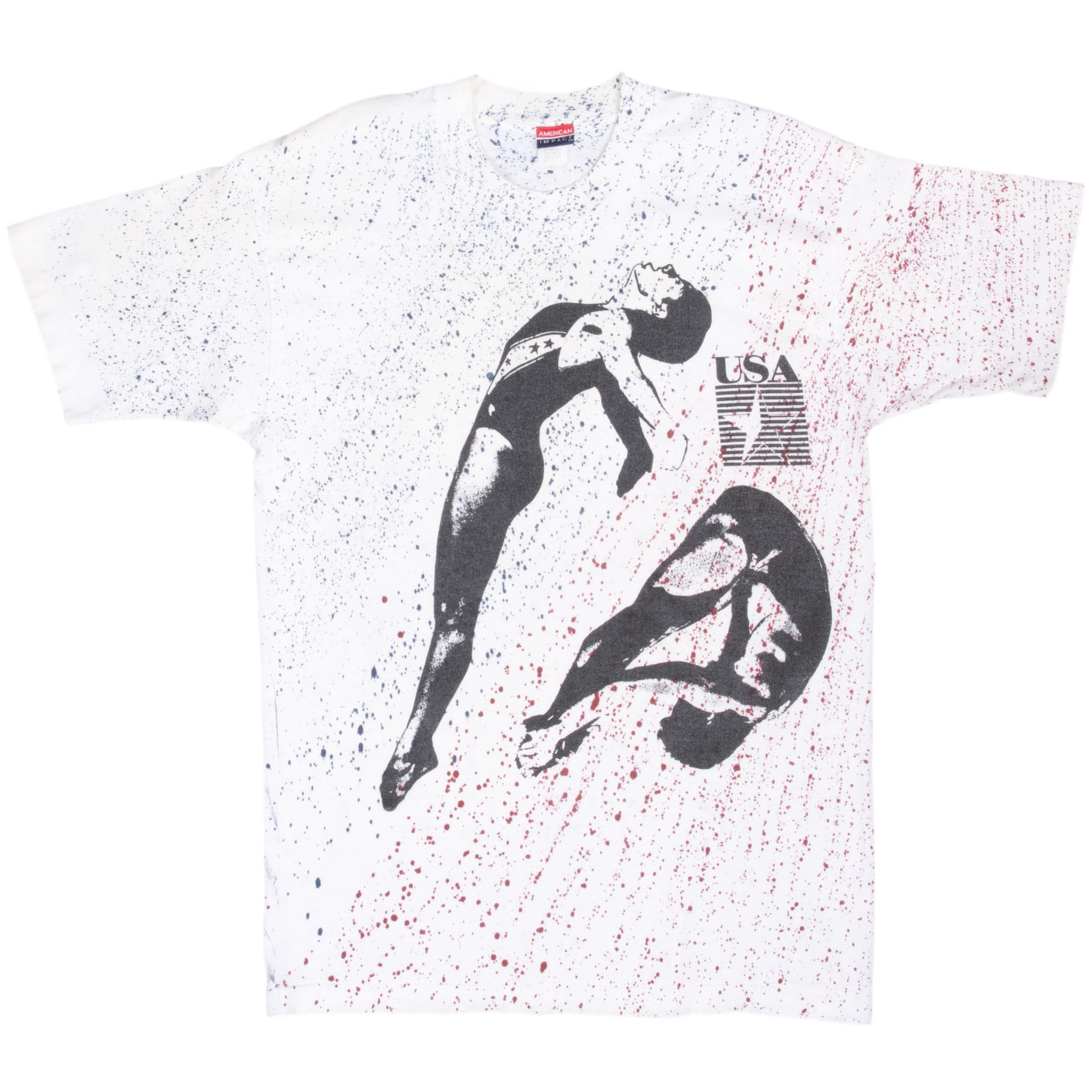 Front of white Team USA diving T-shirt with black divers, USA star graphic and splatter print