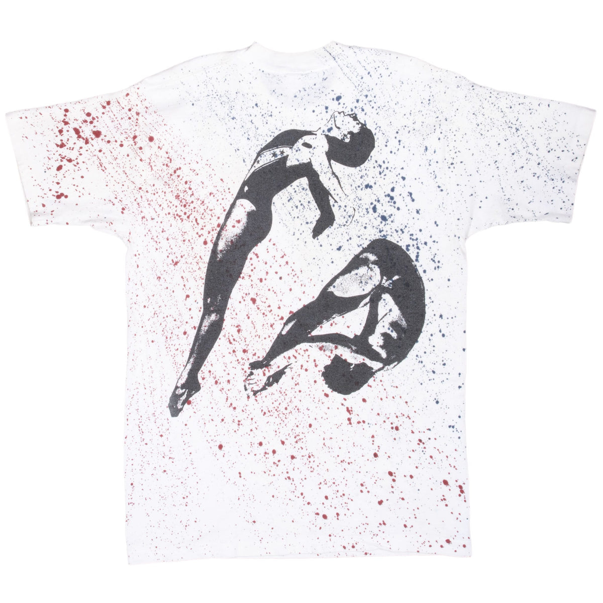 Back of white Team USA diving T-shirt with black diver illustrations and red and blue splatter print