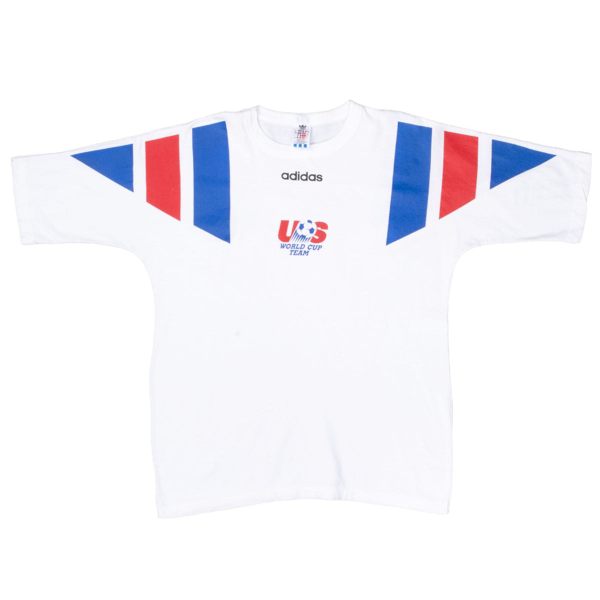 Front of white adidas US World Cup Team T-shirt with red and blue graphics