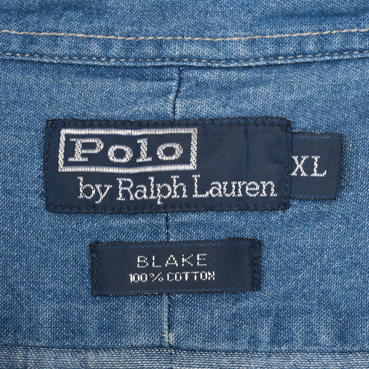 Polo by Ralph Lauren XL and Blake 100% cotton neck labels inside blue denim shirt