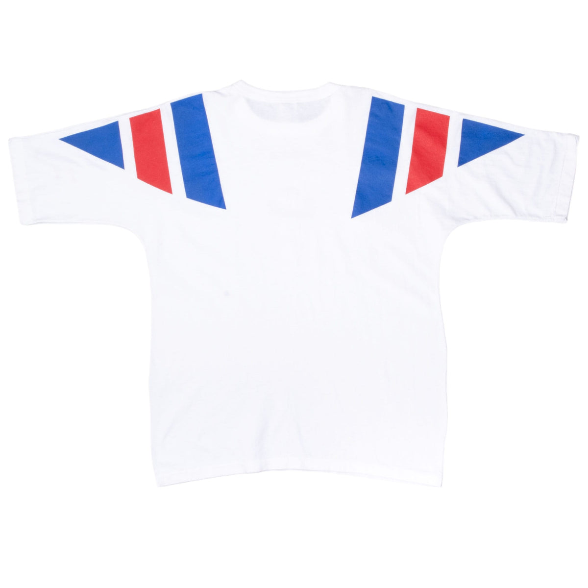 Back of white adidas T-shirt with red and blue geometric shoulder graphics