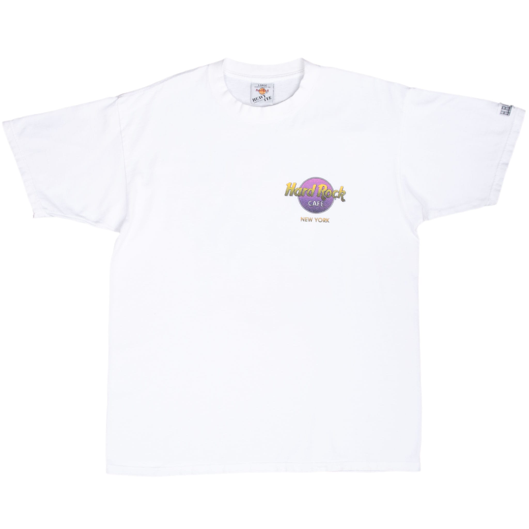 Front of white Hard Rock Cafe New York T-shirt with small multicolor chest logo