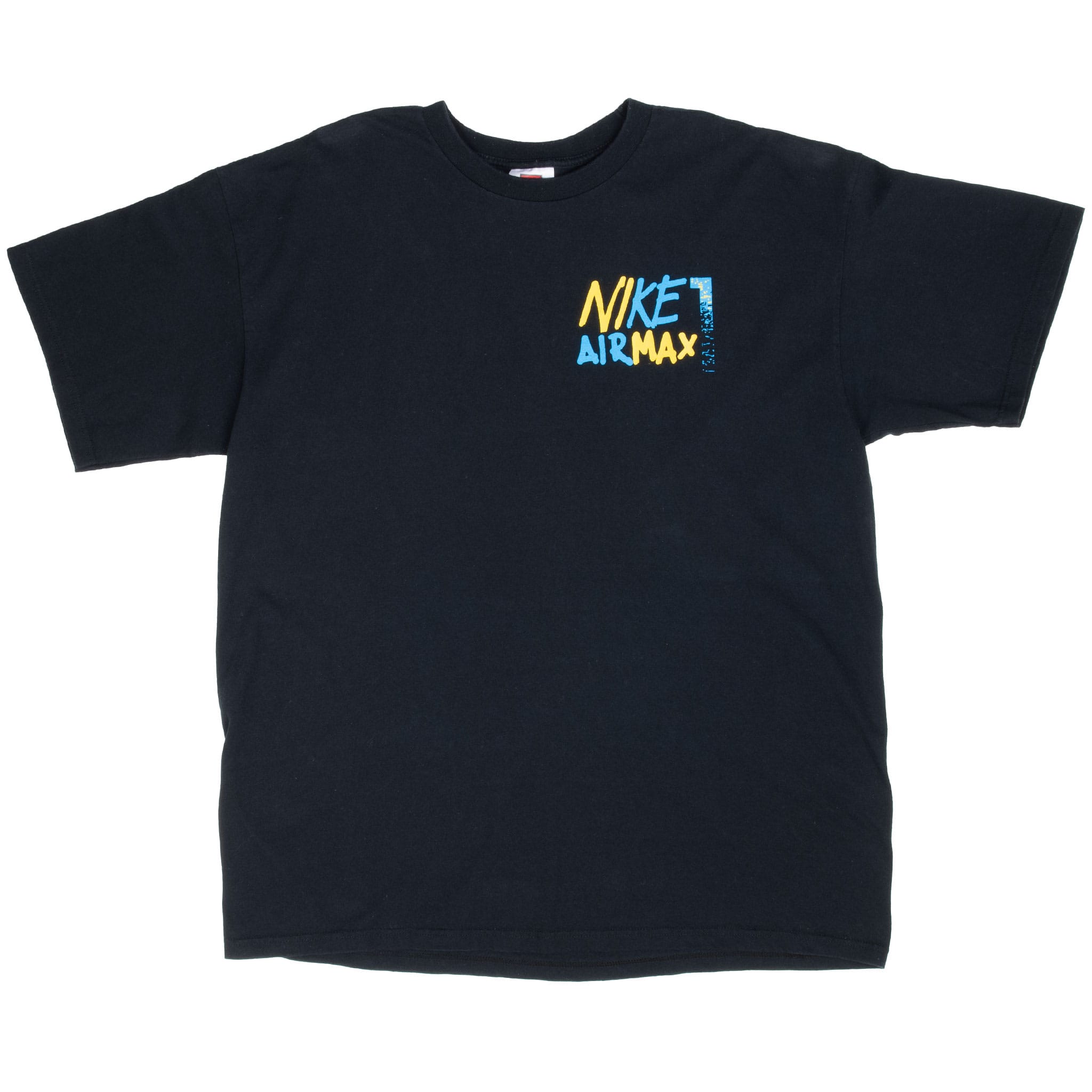 Front of black Nike Air Max crewneck T-shirt with blue and yellow left-chest graphic